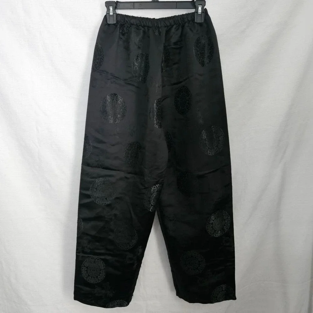 Jacquard Satin Pull on Pant Women S Black Dragon Medallion High Waist‎ Asian